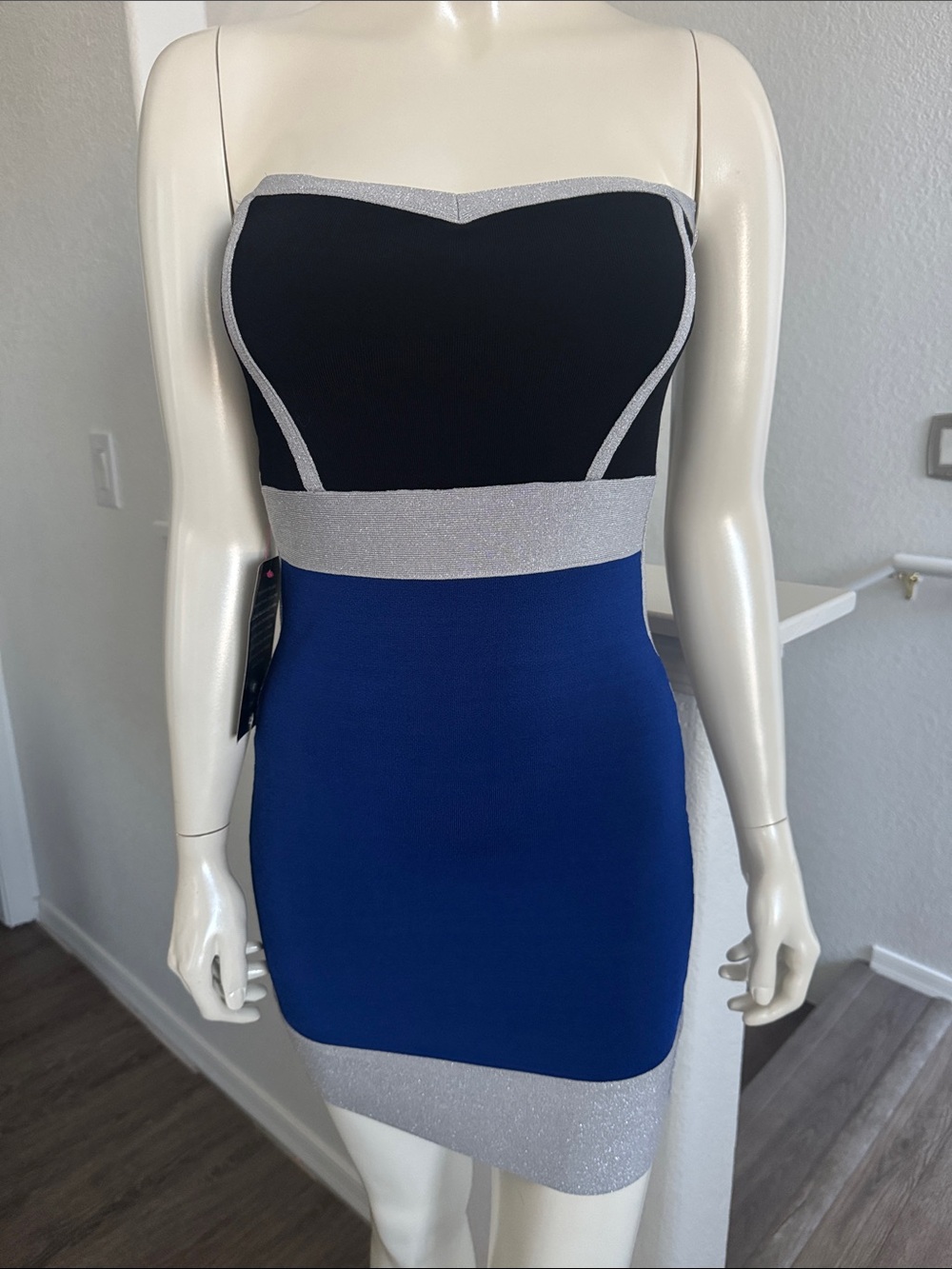 bebe Strapless Dress in Black, Blue, and Silver